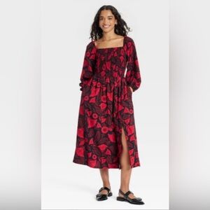 NWT Target Latino Heritage Month Dress Midi Shirred Red Black Floral Large